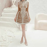 Autumn 2025 Lace Water-Soluble Flower Hollow Dress Long Sleeve Brown Short Skirt 68HZ
