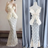 / Design Feeling Heavy Industry Wrinkled Blouse Squint Fishtail Skirt High-End Two-Piece 2024 New 68HZ