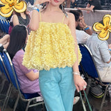 /2024 New Goose Yellow Three-Dimensional Rose Hanging Neck Dress Small Romantic Sleeveless Short Skirt 68HZ