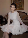 Fall 2025 Long-Sleeved Dating Dress Lotus Edge Cut Dress White Short Dress 68HZ