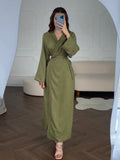 Chinese Long-Sleeved Dress 2024 Summer Cold Feeling With Belt V-Neck Zen Style Dress 68HZ