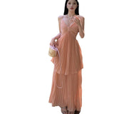 Sweet And Sexy Hanging Neck Sling Dress Summer Temperament High-End Seaside Holiday Dress Waist 100 Folded Skirt 68HZ