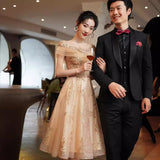 Champagne Evening Dress Women's 2025 New Banquet Temperament Famous Fairy Moderators Heavy Industry Annual Conference Dress 68HZ