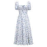 Summer Women's Dress French Fashion Elegant Floral Long Dress Female Bare Backs Open Fork Bubble Sleeve Dress 68HZ