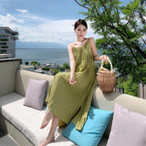 Wine Red Seaside Holiday Sling Dress Women's Summer 2024 New Temperament Loose 100-Folded Long Dress Super Fairy 68HZ