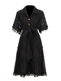 Temperament Vintage Short Dress 2025 Summer New Collar Embroidered Hollow Lace Dress Dress Woman 68HZ