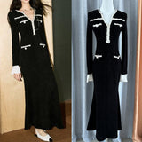 / 2024 Autumn And Winter Small Fragrant Wind Hit The Fish Tail Waist Dress Temperament High-End V-Neck Long Dress 68HZ