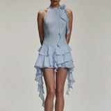 2024 New Sexy Lotus Side Flowers Hanging Neck Skirt Atmosphere Feel Flowing Sleeveless Short Dress 68HZ