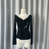 / Zhao Sanguan 2024 New One-Word Shoulder Elastic Wrinkled Top Elegant Long-Sleeved T-Shirt 68HZ