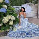 Pink/Blue Sweet A Line Floral Chiffon Long Elegant Floor Length Ball Gown Evening Gown Wedding Party Gown Prom Gown Graduation Gown HZ1023