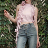 / Mencius Is The Same Pink Flower Lotus Leaf Side Ribbon Hanging Neck Vest 2024 New 68HZ