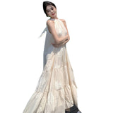2025 Summer Dress French Apricot Embroidered Hanging Neck Dress Sleeveless Shoulder Big Skirt Holiday Dress Dress 68HZ