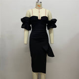 Women's Sexy Breasts Deep V Bandaged Skirts Shoulder Lantern Sleeve Open Party Dress Dress 68HZ