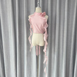 / Mencius Is The Same Pink Flower Lotus Leaf Side Ribbon Hanging Neck Vest 2024 New 68HZ