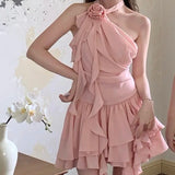 / Hanging Neck Flowers Lotus Leaves Outside Wearing Sleeveless 2025 Summer New Short Skirt Woman 68HZ