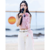 / Mencius Is The Same Pink Flower Lotus Leaf Side Ribbon Hanging Neck Vest 2024 New 68HZ