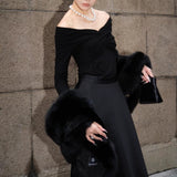 / Zhao Sanguan 2024 New One-Word Shoulder Elastic Wrinkled Top Elegant Long-Sleeved T-Shirt 68HZ