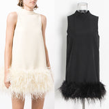 Korean Version Of The Simple Name Wind 2025 Summer Round Collar Sleeveless Short Female Solid Color Hem Ostrich Hair Splicing Dress 68HZ