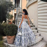 Pink/Blue Sweet A Line Floral Chiffon Long Elegant Floor Length Ball Gown Evening Gown Wedding Party Gown Prom Gown Graduation Gown HZ1023