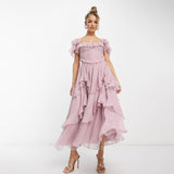 New Dress Holiday Dress Lace Side Hollow Cake Dress Lotus Leaf Folding Long Dress 68HZ