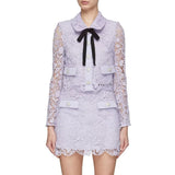 Trendy Star With Violet Hollow Water Lace Lace Lace Tie With Cardigan Top + Half-Body Skirt Set 68HZ
