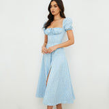 Summer Women's Dress French Fashion Elegant Floral Long Dress Female Bare Backs Open Fork Bubble Sleeve Dress 68HZ