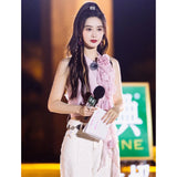 / Mencius Is The Same Pink Flower Lotus Leaf Side Ribbon Hanging Neck Vest 2024 New 68HZ