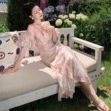 One-×Öshoulder Bubble Sleeve Chiffon Flower Hanging Dress Women Summer Seaside Holiday Super Fairy Long Dress 68HZ