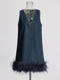 Short Dress 2025 Summer New High-End Feeling Sleeveless V-Necked Cowboy Splicing Feathers Short Dress Dress Woman 68HZ