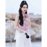 / Mencius Is The Same Pink Flower Lotus Leaf Side Ribbon Hanging Neck Vest 2024 New 68HZ