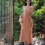 Sweet And Sexy Hanging Neck Sling Dress Summer Temperament High-End Seaside Holiday Dress Waist 100 Folded Skirt 68HZ