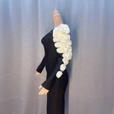 New Black Shoulder Hollow White Flower Long Sleeve Long Bandat Party Evening Dress 68HZ