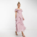 New Dress Holiday Dress Lace Side Hollow Cake Dress Lotus Leaf Folding Long Dress 68HZ