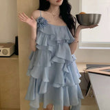 / Holiday Wind Sweet Layer Wave Dress Lotus Leaf Side With Flower Sling Skirt 2024 New 68HZ