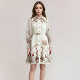 Roots Spread Floral Retro Print Skirt 2025 New Collar Long-Sleeved Belt Design Dress Women's Summer 68HZ