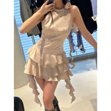2024 New Sexy Lotus Side Flowers Hanging Neck Skirt Atmosphere Feel Flowing Sleeveless Short Dress 68HZ