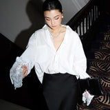 / Zhao Sanguan 2024 New White Lace Shirt Pure Desire Loose V Collar Top 68HZ