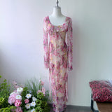 / Holiday Fairy Pink Broken Flower Dress Design Feeling Lotus Leaf Side Flowing Long Dress 2024 New Model 68HZ