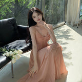 Sweet And Sexy Hanging Neck Sling Dress Summer Temperament High-End Seaside Holiday Dress Waist 100 Folded Skirt 68HZ