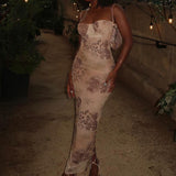 Women's New Mesh Screen Print Sling Skirt Body-Dressed Temperament Open-Back Dress Floral Dress Dress 68HZ