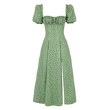 Summer Women's Dress French Fashion Elegant Floral Long Dress Female Bare Backs Open Fork Bubble Sleeve Dress 68HZ