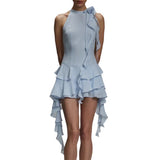 2024 New Sexy Lotus Side Flowers Hanging Neck Skirt Atmosphere Feel Flowing Sleeveless Short Dress 68HZ