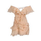 Leisure Holiday Wind Shoulder Short Dress 2025 New V Collar Shoulder Lotus Side Flower Dress Female High Sense 68HZ