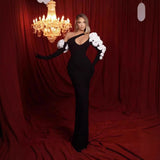 New Black Shoulder Hollow White Flower Long Sleeve Long Bandat Party Evening Dress 68HZ