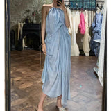 /2024 New Elegant Loose Folded Neck Dress Sexy Bare Sleeveless Holiday Dress 68HZ