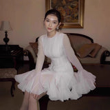 Fall 2025 Long-Sleeved Dating Dress Lotus Edge Cut Dress White Short Dress 68HZ