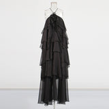 Court Style Elegant Dress 2025 Summer New Hanging Neck Sleeveless Back Design Lotus Leaf Side Dress Solid Color Woman 68HZ