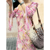 / Holiday Fairy Pink Broken Flower Dress Design Feeling Lotus Leaf Side Flowing Long Dress 2024 New Model 68HZ