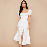Summer Women's Dress French Fashion Elegant Floral Long Dress Female Bare Backs Open Fork Bubble Sleeve Dress 68HZ