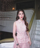 Small Design Pink Temperament Beads Top 2024 Summer Beauty POLO Received Waist 100 Folded Skirts Two Pieces 68HZ